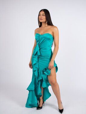 NWT Teal Satin Strapless High-Low Ruffle Dress Size Small